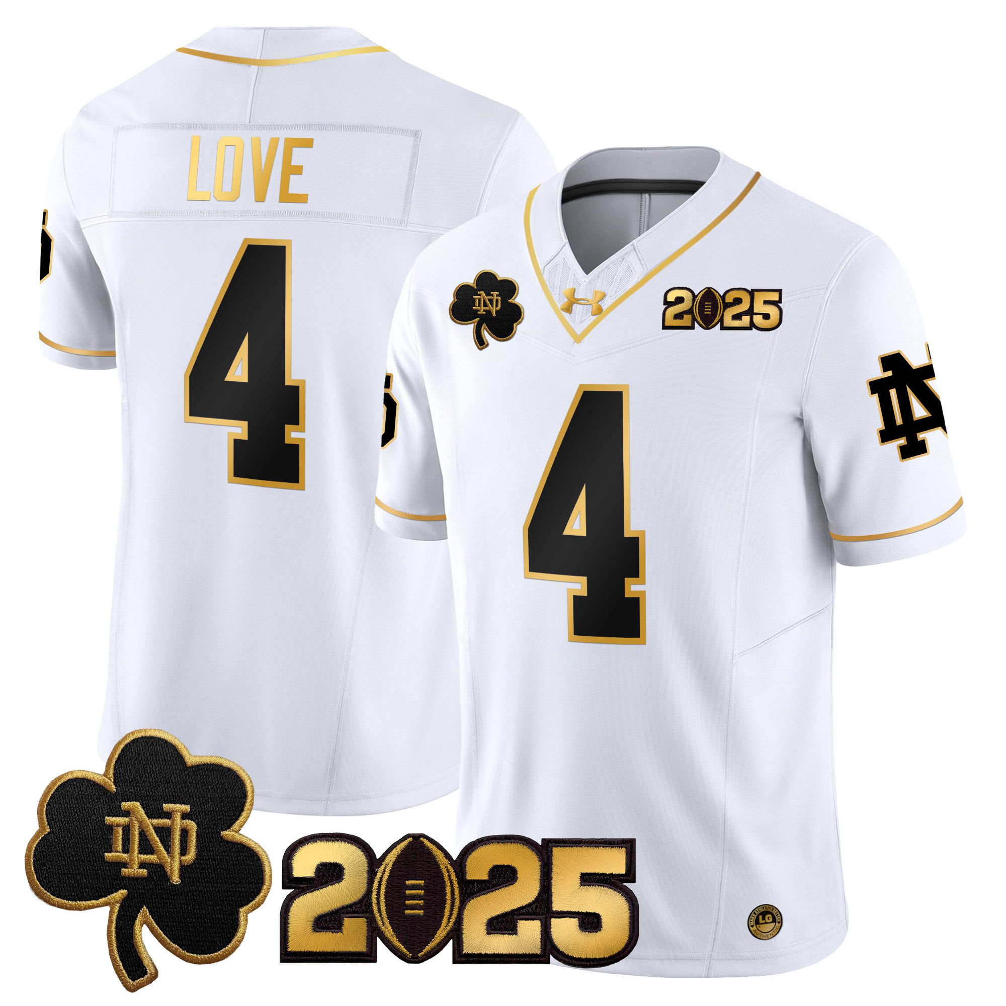 Men Notre Dame Fighting Irish #4 Love White 2025 CFP Final Patch Gold Vapor Limited NCAA Jersey->ncaa teams->NCAA Jersey